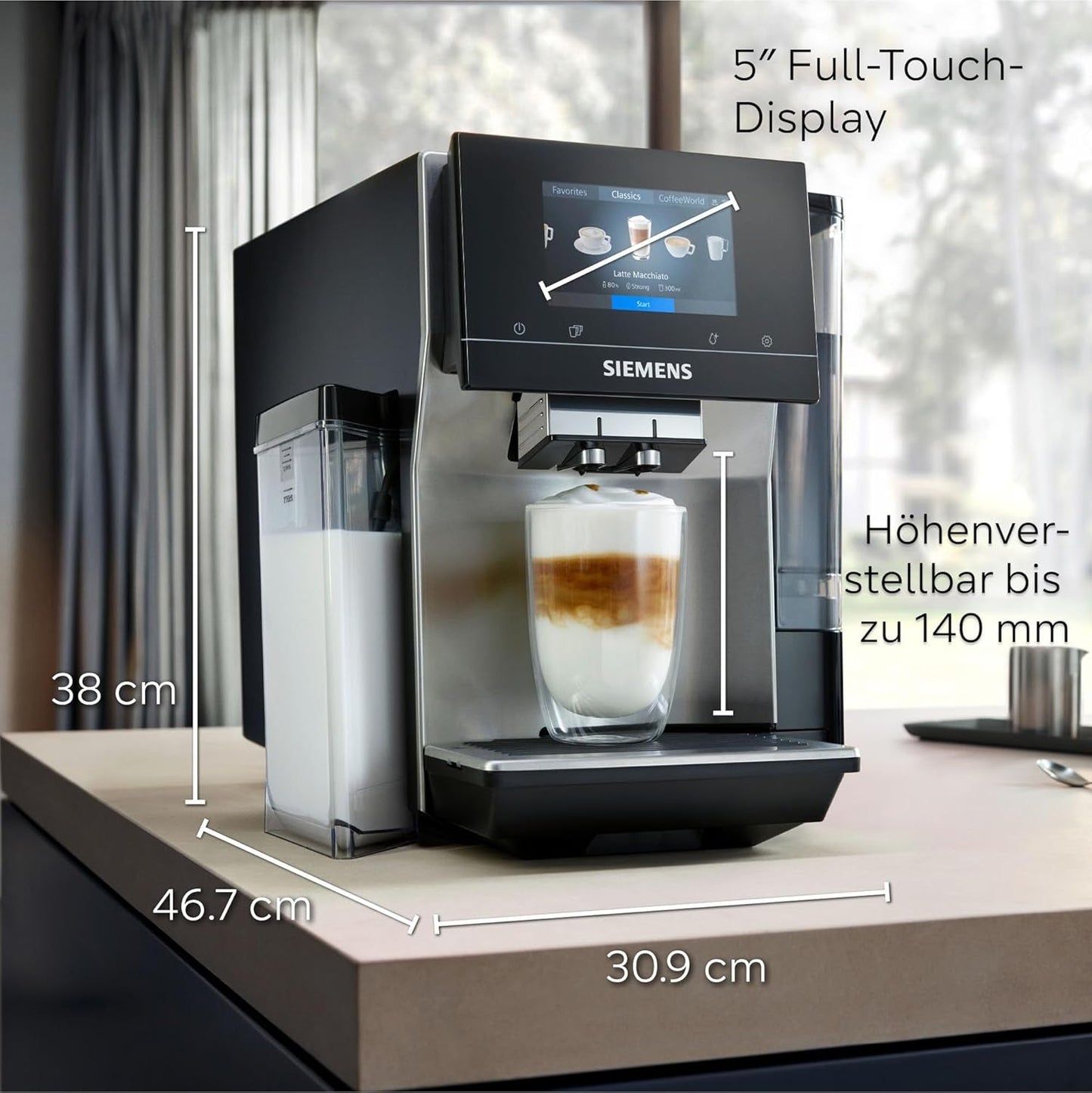 Siemens EQ700 fuldautomatisk espressomaskine, stor TFT-farveskærm, 36 varme og kolde drikke, koldbryg, 2 kops funktion, app kontrol, automatisk rengøringssystem, sort rustfrit stål, TQ717D03