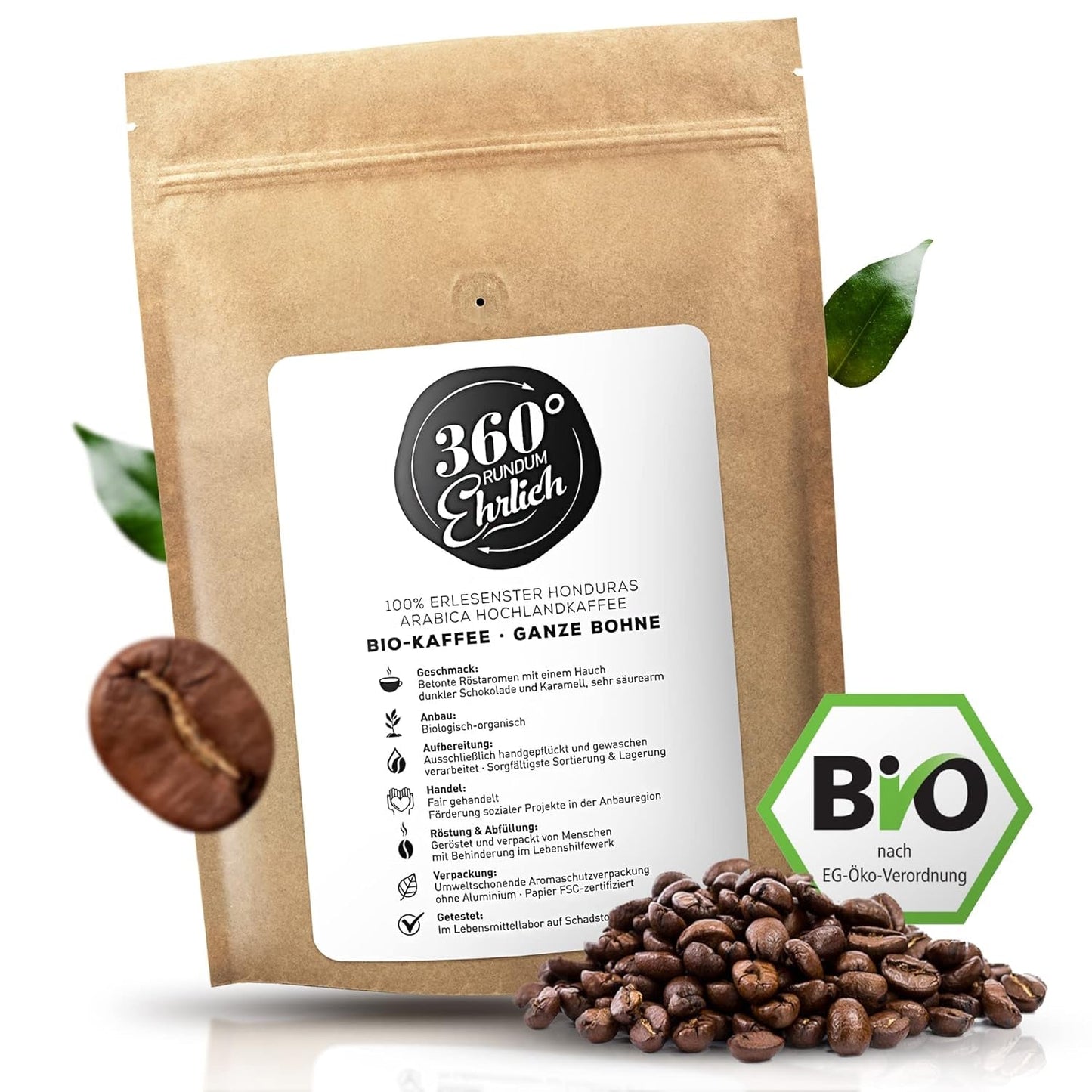 Premium Bio Kaffeebohnen 1000g, 100% Honduras Hochland Arabica Kaffeebohnen Bio - Köstlich, mild, sikker - Bio Kaffee ganze Bohnen - Ideel som Kaffeebohnen Vollaautomat - 360° Rundum Ehrlich