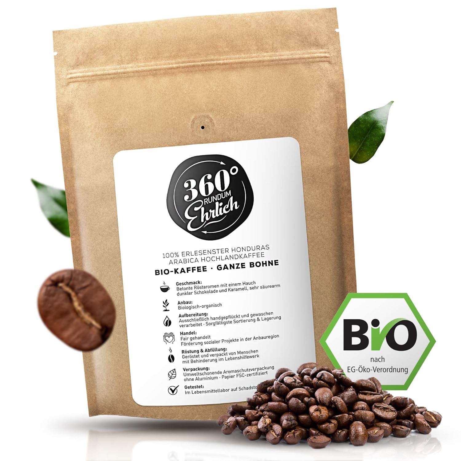 Premium Bio Kaffeebohnen 1000g, 100% Honduras Hochland Arabica Kaffeebohnen Bio - Köstlich, mild, sikker - Bio Kaffee ganze Bohnen - Ideel som Kaffeebohnen Vollaautomat - 360° Rundum Ehrlich