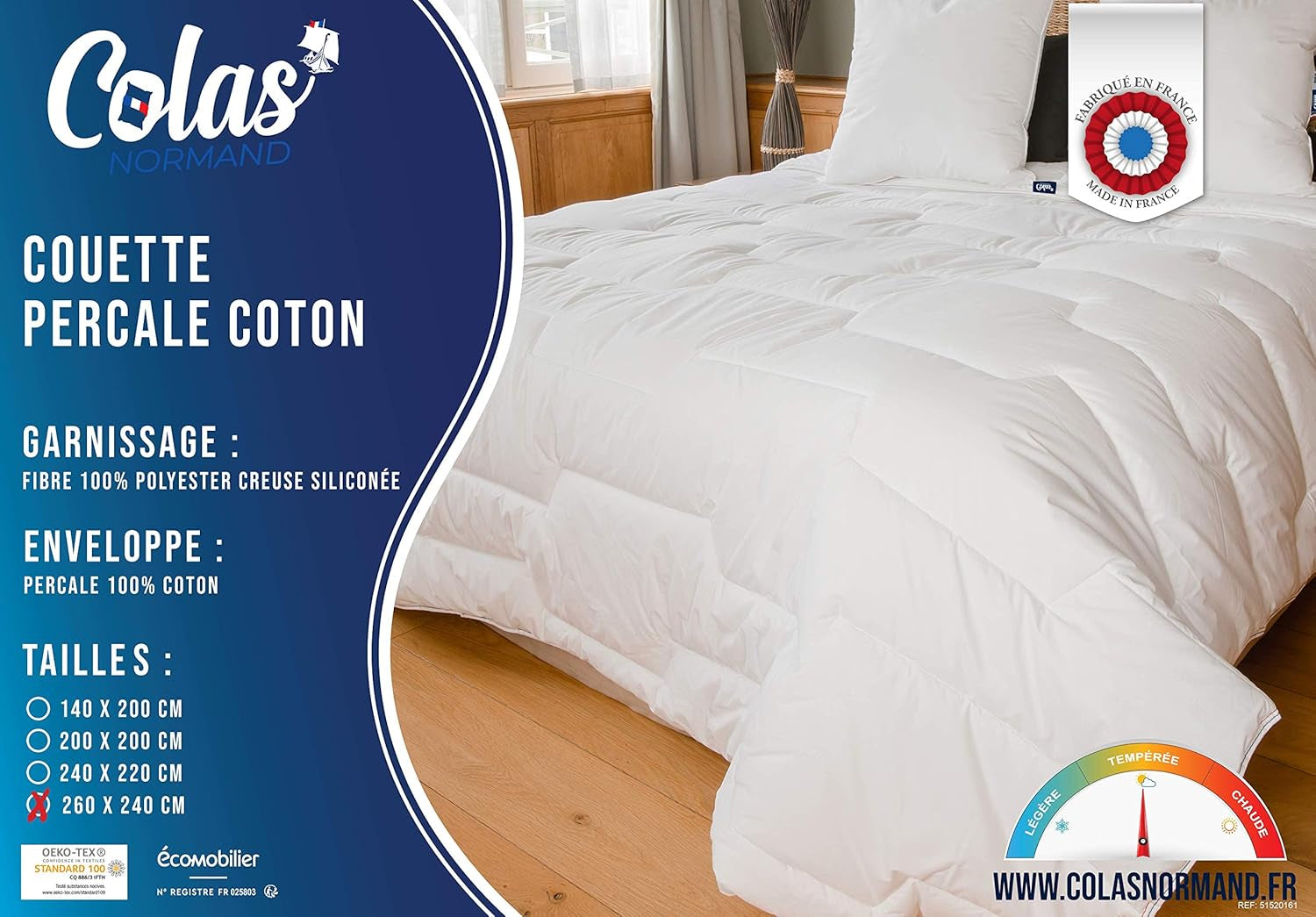COLAS NORMAND Percale Bomuldsdyne 260 X 240 cm Høj kvalitet 100% Percale Bomuld Blød og behagelig Holdbar Fin finish Fremstillet i Frankrig Hvide dyner og dyner Naty Shop