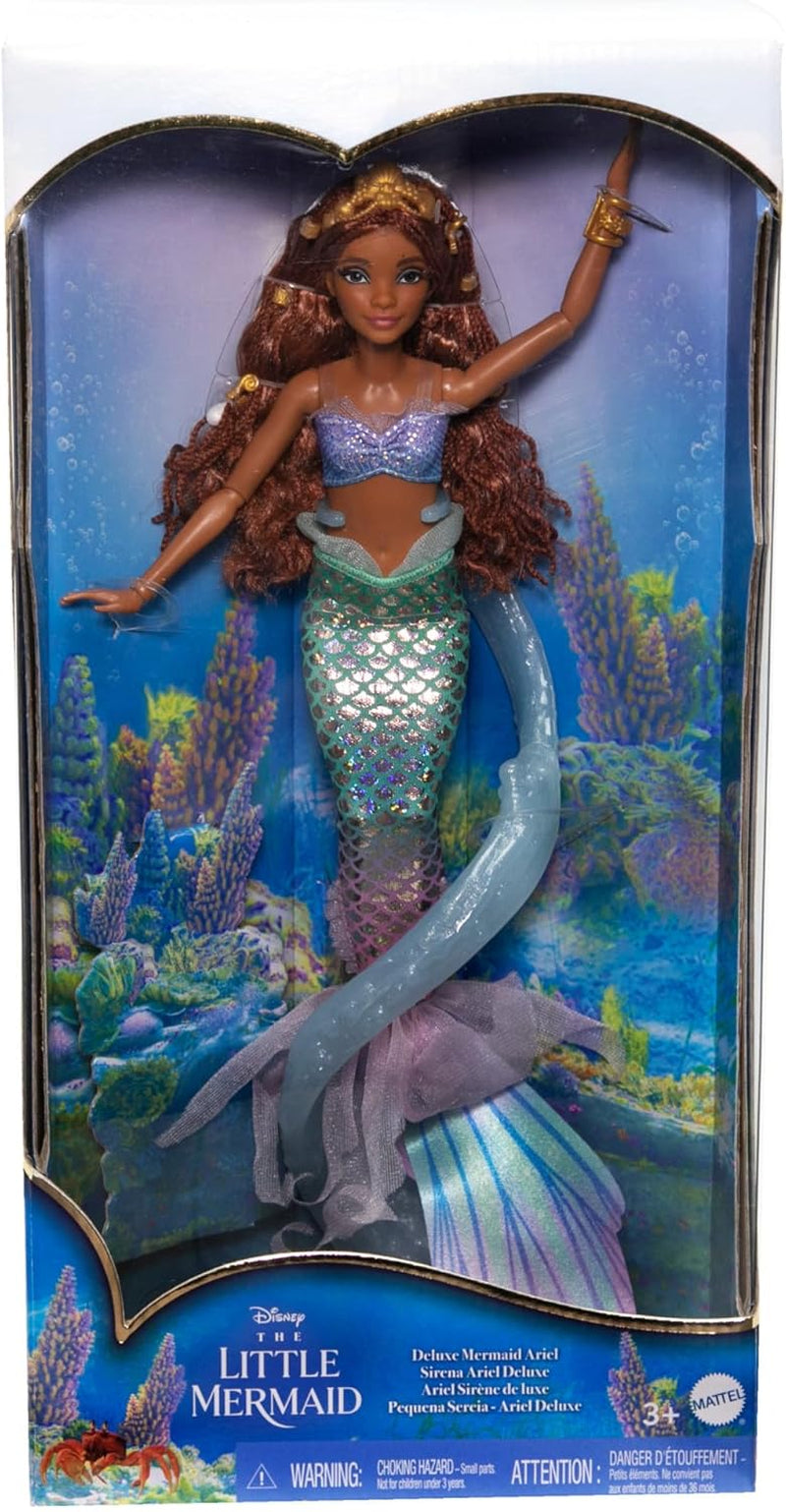 Mattel Disney Ariel Den Lille Havfrue - Deluxe havfruedukke med hårperler og dukkestativ til fantasifuld leg og visning, til børn fra 3 år og opefter, HNF42