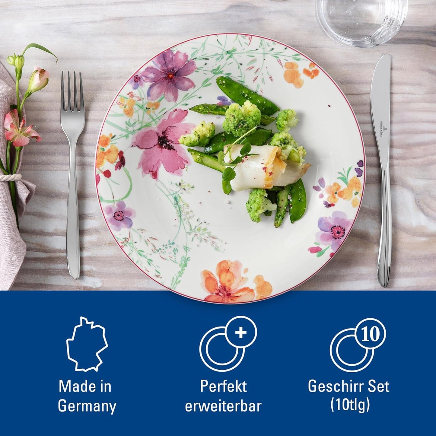 Villeroy & Boch Mariefleur Startersæt, Assorterede farver, Tåler opvaskemaskine, Tåler mikroovn, Spisesæt til 2, Blomsterstel, Spisestel, Kombinationssæt, Premium Porcelæn