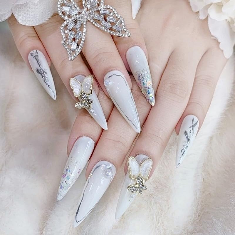 Moonglow Lange Negle Stiletto Mælkehvid Pink Gradient Glitter Cool falske negle med lim Pink Ombre Glitter Kunstige negle