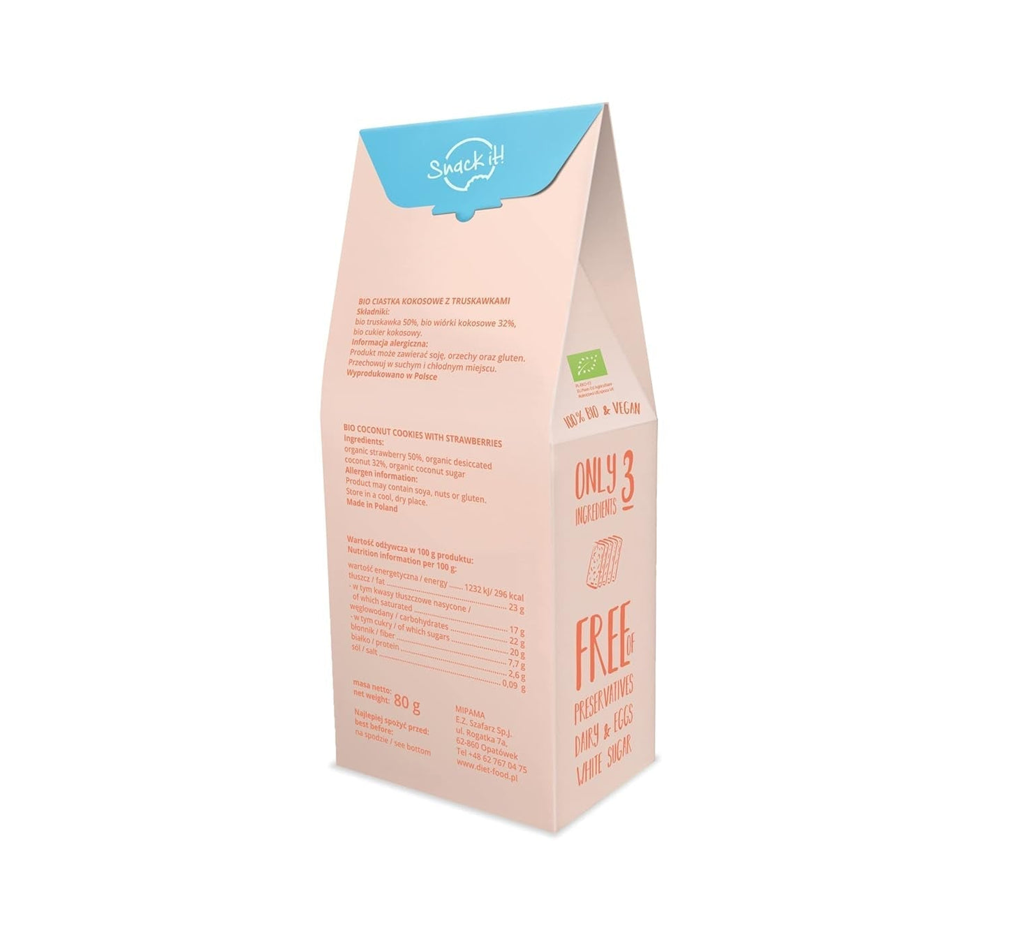 DIET-MAD Økologiske småkager med kokoschips og jordbær Sund snack Lækre småkager til kontoret, uden konserveringsmidler 80 g (1 pakke)