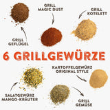 KOTÁNYI Grill Krydderi Gavesæt - 6er Carrier - Gaver til Mænd - Grill Tilbehør & Krydderi Sæt für jedes BBQ - Grill Tilbehør inkl. Magic Dust - [Jetzt Geburtstagsgeschenk für Männer bestellen!]