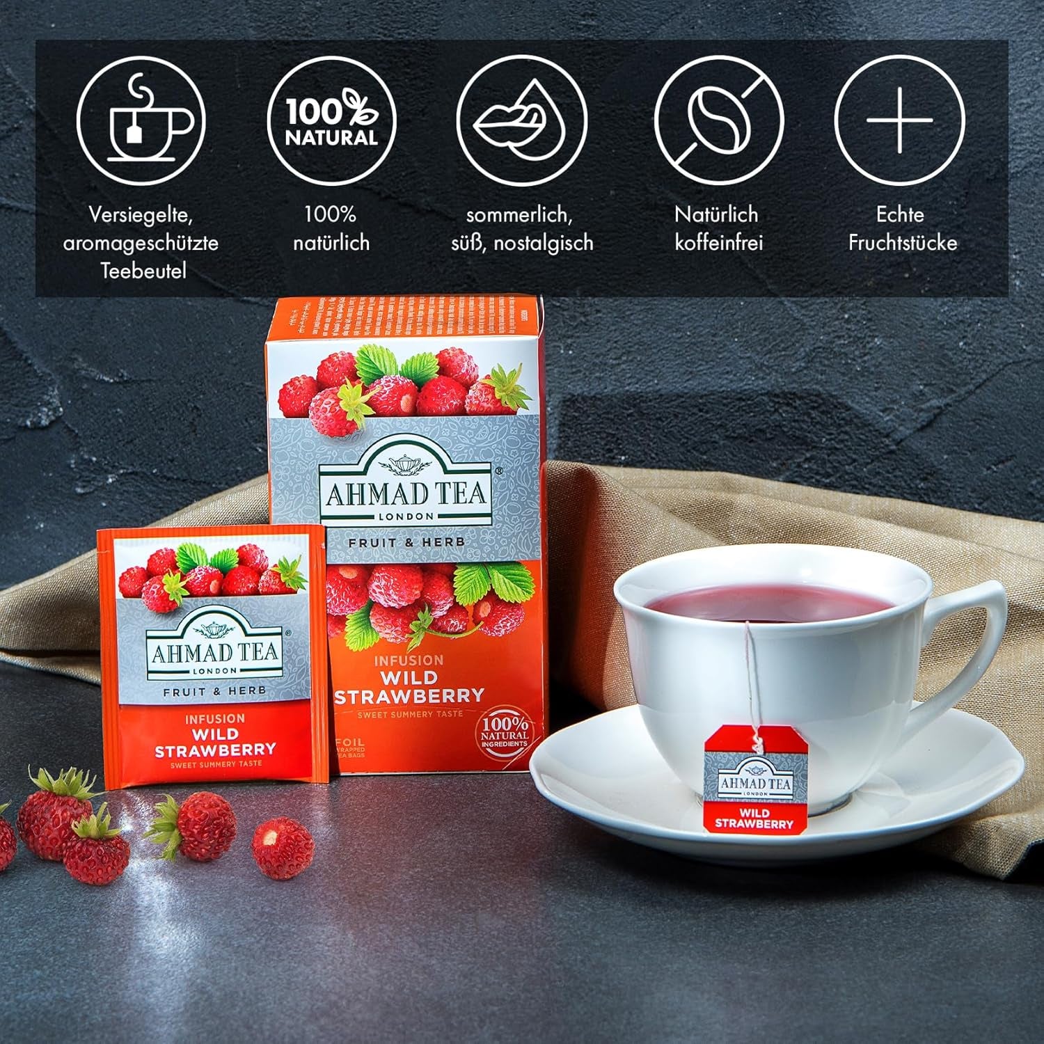 Ahmad te - vilde jordbær - koffeinfri frugt og urtete - jordbær - smagsforseglede individuelt indpakkede teposer med 2 g te pr. portion - 20 teposer med bånd