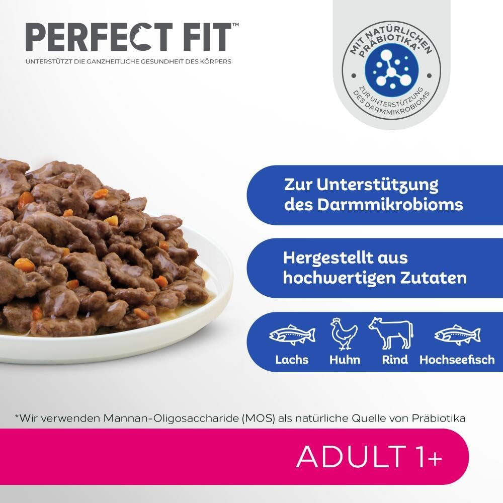 Perfect Fit Adult 1+ vådfoderudvalg med laks, dybhavsfisk, oksekød og kylling, 48 poser, 12x85g (pakke med 4) - Premium vådfoder til voksne katte fra 1 år