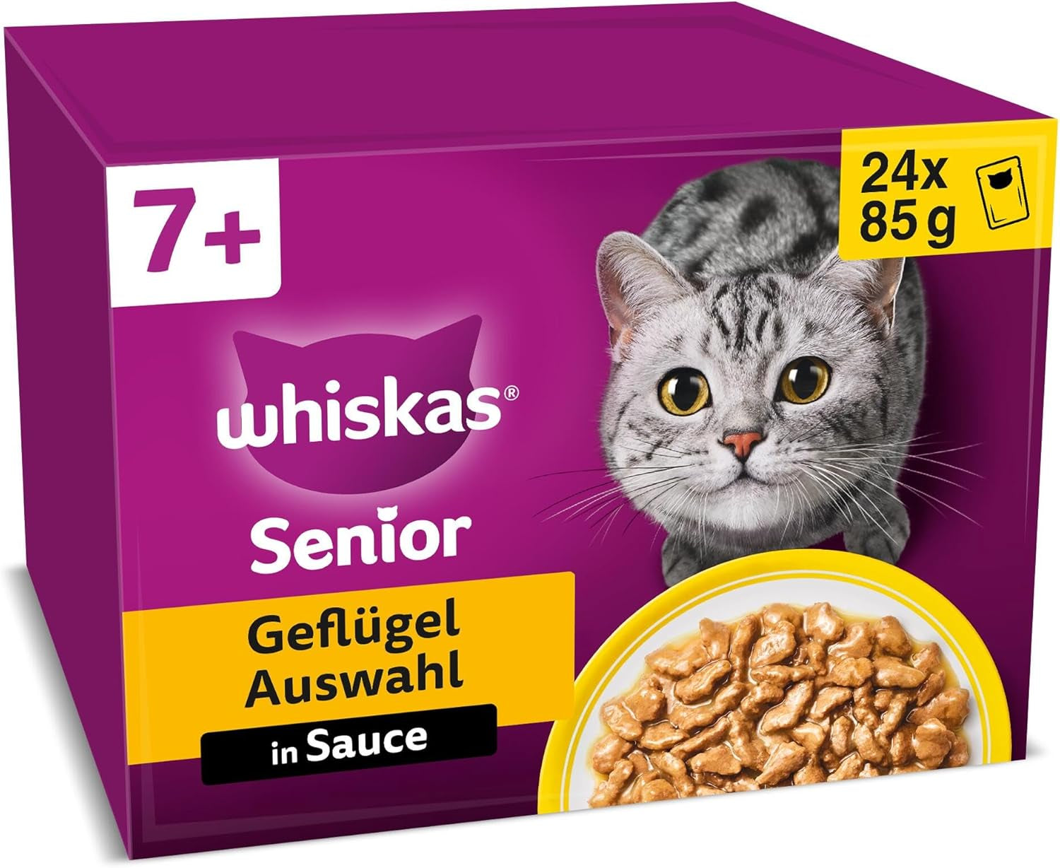 Whiskas 7+ vådfoder til katte Udvalg af fjerkræ i sauce 24 x 85 g (2 pakker) - Højkvalitets vådfoder fra 7 år i 48 portionsposer