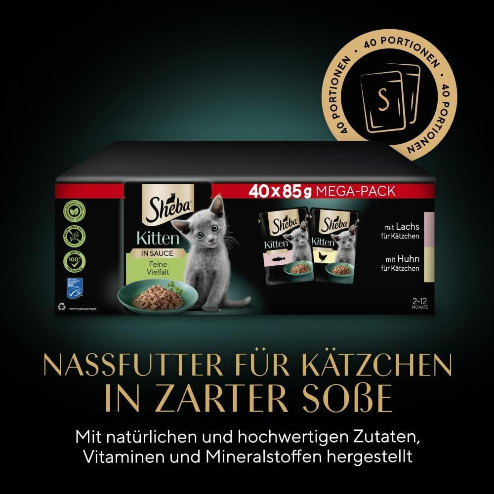 Sheba vådfoder til killinger, i diverse poser, med laks (MSC) og kylling i sauce, multipak 40x85g