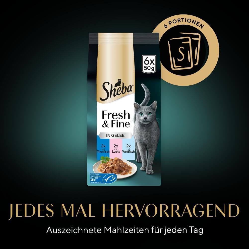 Sheba Portion Pouches Vådfoder til katte, Multipack Fresh & Fine i gelé med MSC tun og laks, 6x6x50g - Sunde måltider til katte med gelé
