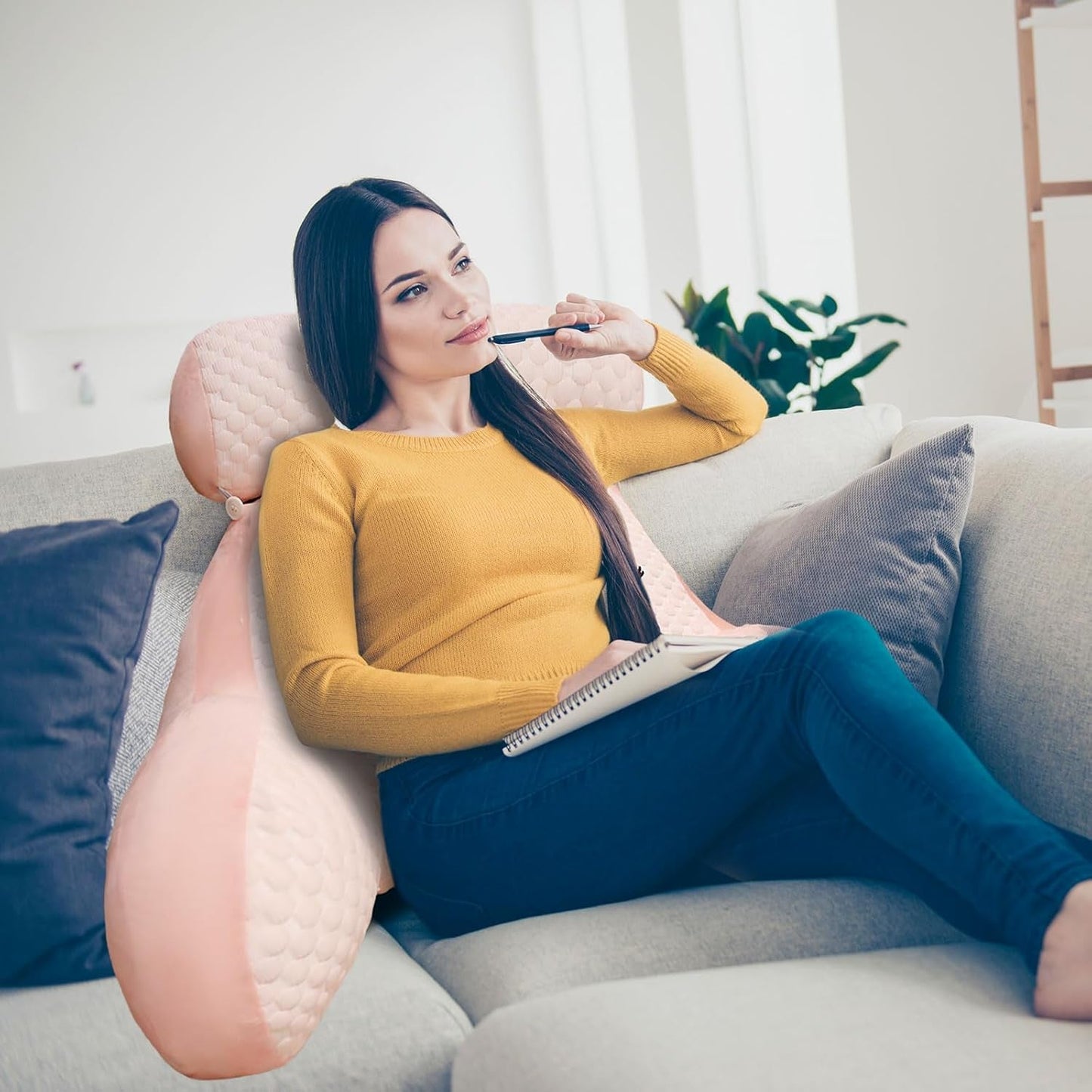 Læsepude, Sengepude, Voksen Ekstra stor Rygpude 70x50cm til læsning med aftagelig nakkerulle og støttearm, Komfortabel læsepude til seng og sofa (Pink, Extra Large)