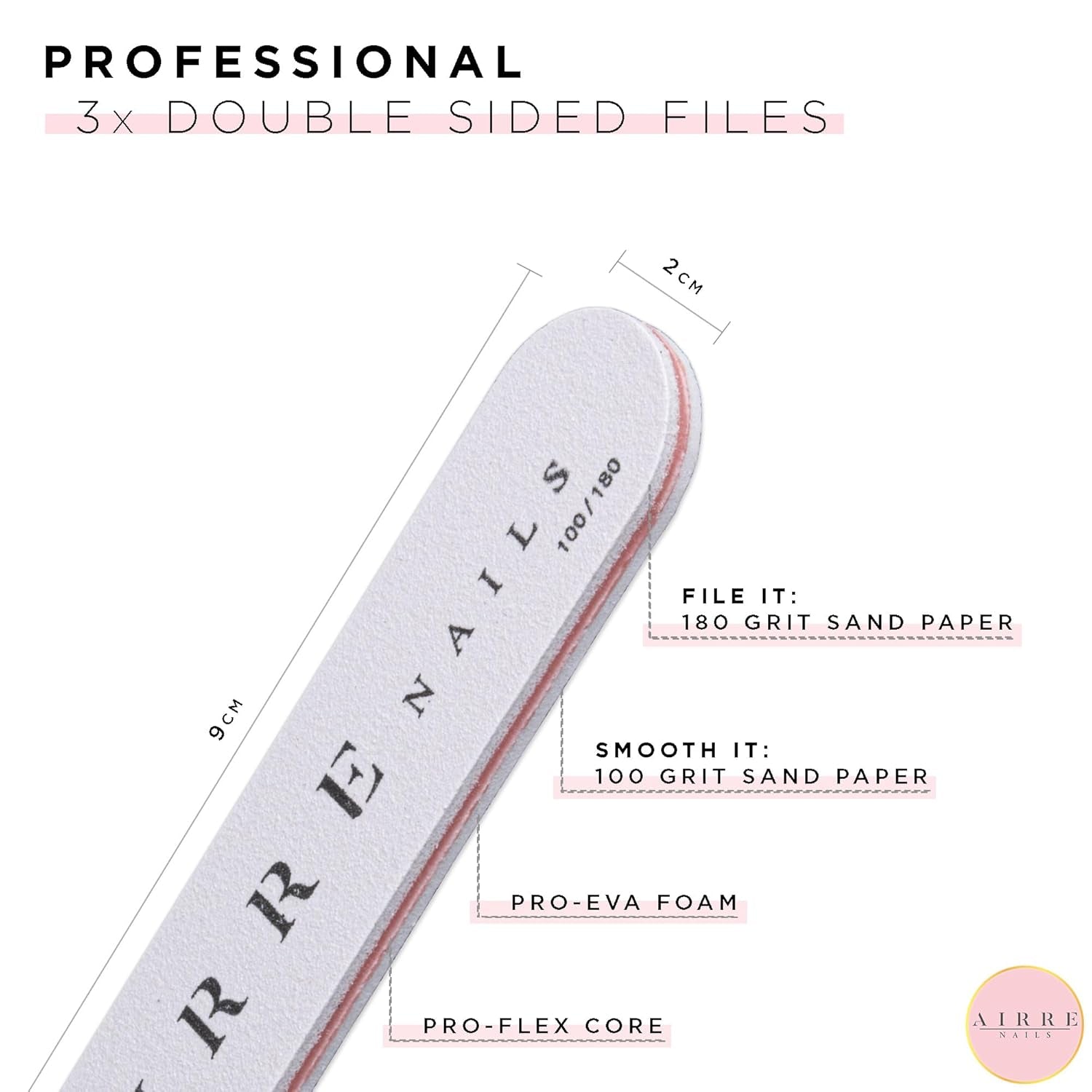 AIRRE 500 Professional Gel-negle & 3 filer pr. æske - (10 størrelser) Franske Half Moon falske negle, salon og hjemmebrug, klipning, filning og formning, UV/LED-gel, neglelak og neglekunst (naturlig)