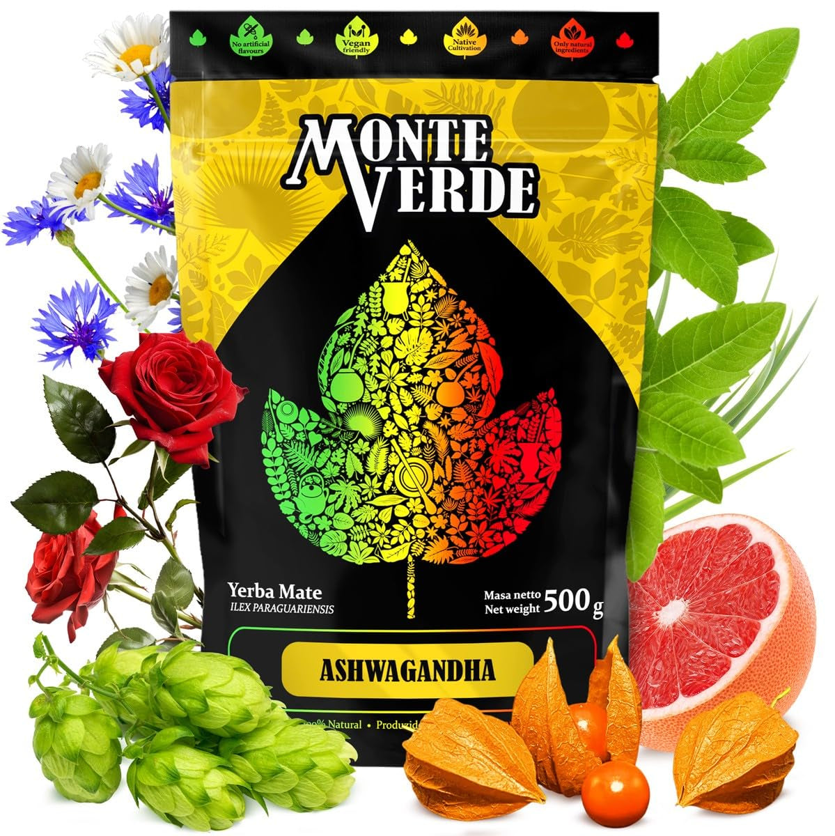 Yerba Mate-te med Ashwagandha 500G - Brasiliansk Mate-te med Ashwagandha og lægeurter - Ingen kunstige tilsætningsstoffer, naturlig smag | Loose Mate Grøn te 0,5 kg med lægeplanter
