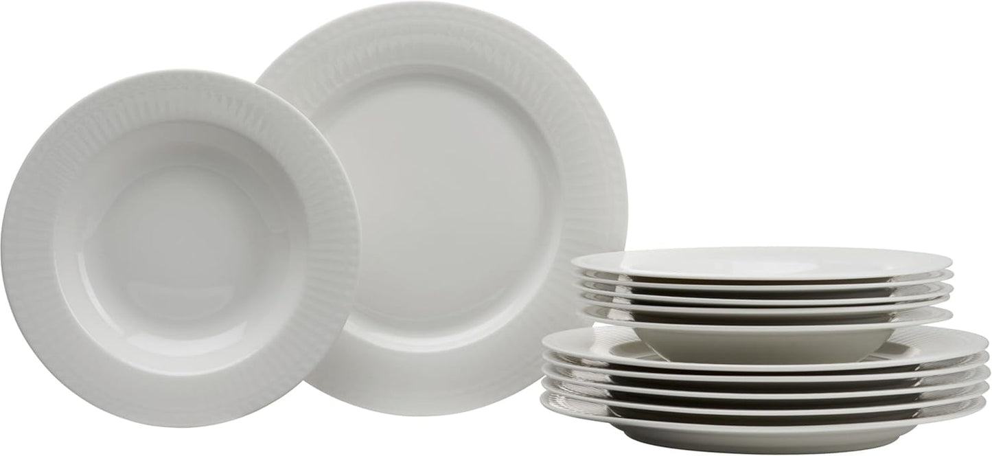 Ritzenhoff & Breker Sofia Tafelservice 12-teilig, Speiseteller (26 cm) og Suppenteller (22 cm) til 6 personer, Tafel-Set mit feinem Rillenrelief, Fine-Dining-Geschirr, Porzellan, Weiß