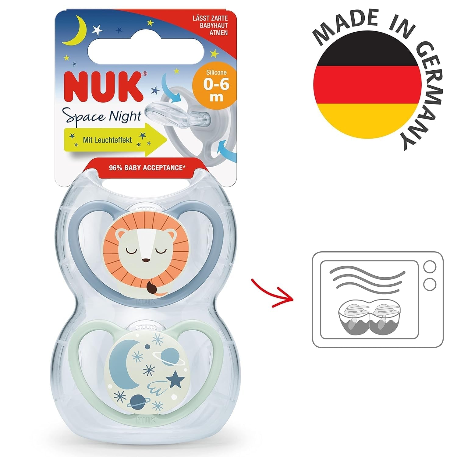 NUK Space Night-sutter, 0-6 måneder, ekstra store ventilationsåbninger, Glow in the Dark, BPA-fri silikone, ræv og mariehøne, 2 stk.