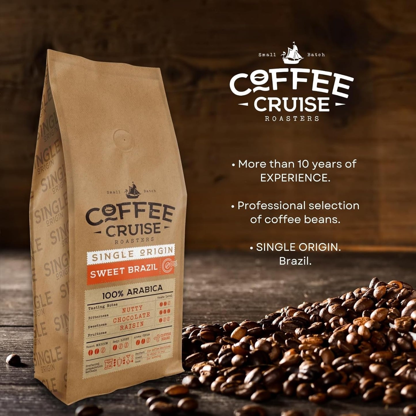 COFFEE CRUISE Sweet Brazil Brasilianische Kaffeebohnen 1kg - Mittlere Röstung - Aroma Kakao und Schokolade - Für All Kaffeemaschinen - 100% arabisk