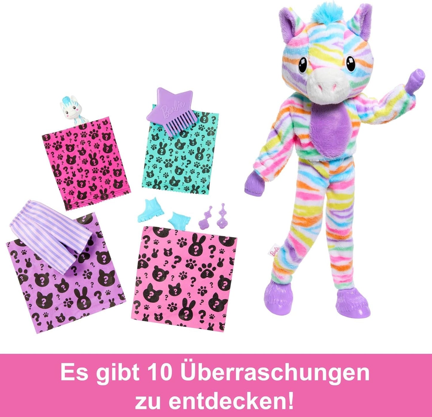 Barbie Cutie Reveal Dukke og tilbehør, Rainbow Zebra Plush Outfit og 10 farveskiftende overraskelser, Color Dream Range, HRK39