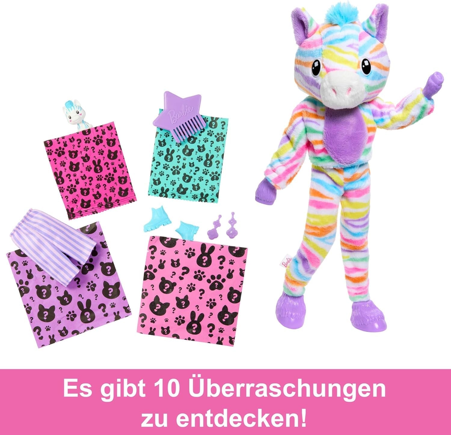 Barbie Cutie Reveal Dukke og tilbehør, Rainbow Zebra Plush Outfit og 10 farveskiftende overraskelser, Color Dream Range, HRK39