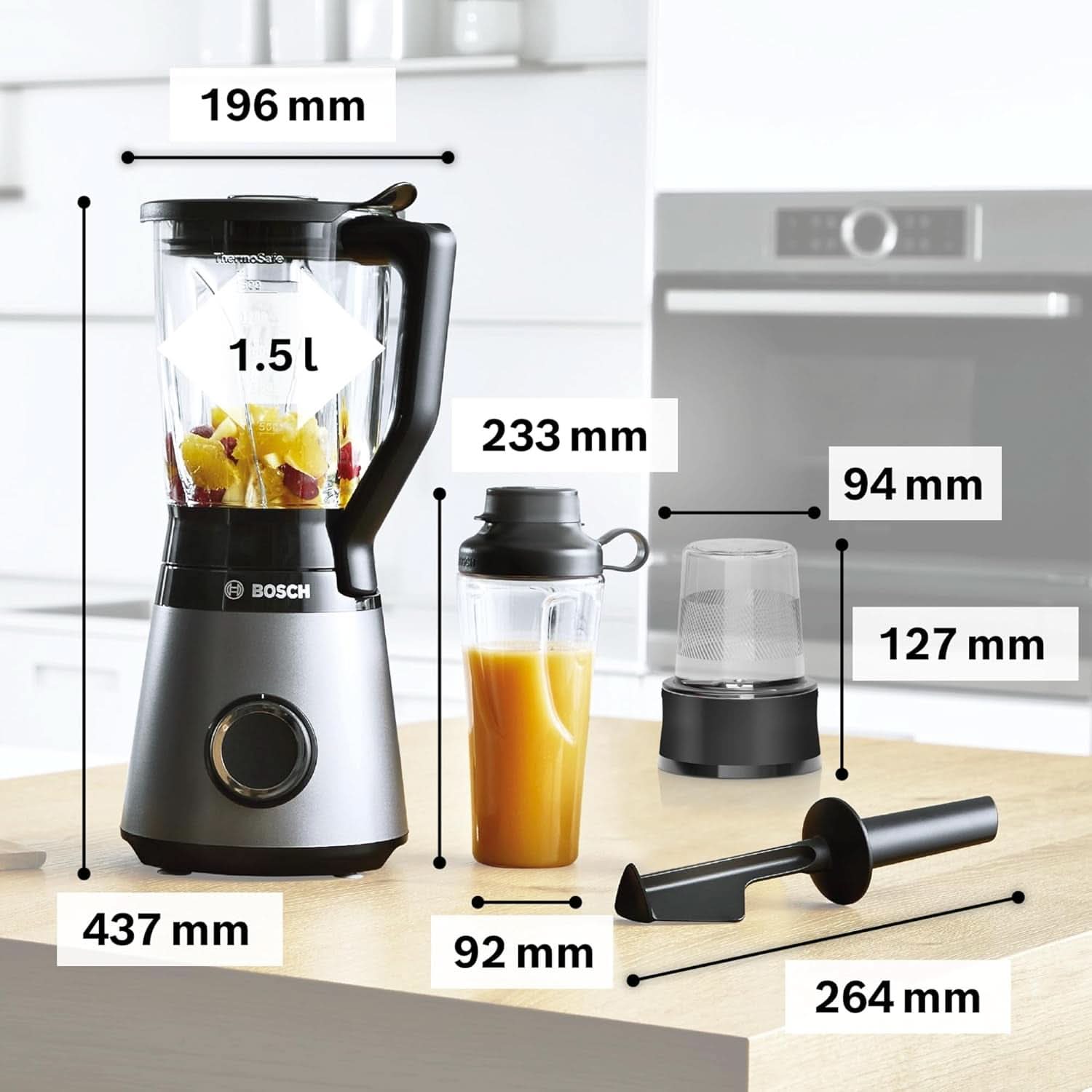 Bosch Standmixer Vitapower Serie 4 MMB6177S, Edelstahl-Klingen Made in Germany, 1,5L Thermosafe Glasbehälter, 0,6L To-Go-Flasche, Stopfer, Universalzerkleinerer, 30.000 U/Min, 1200 W, Silver Kitchen Naty Shop