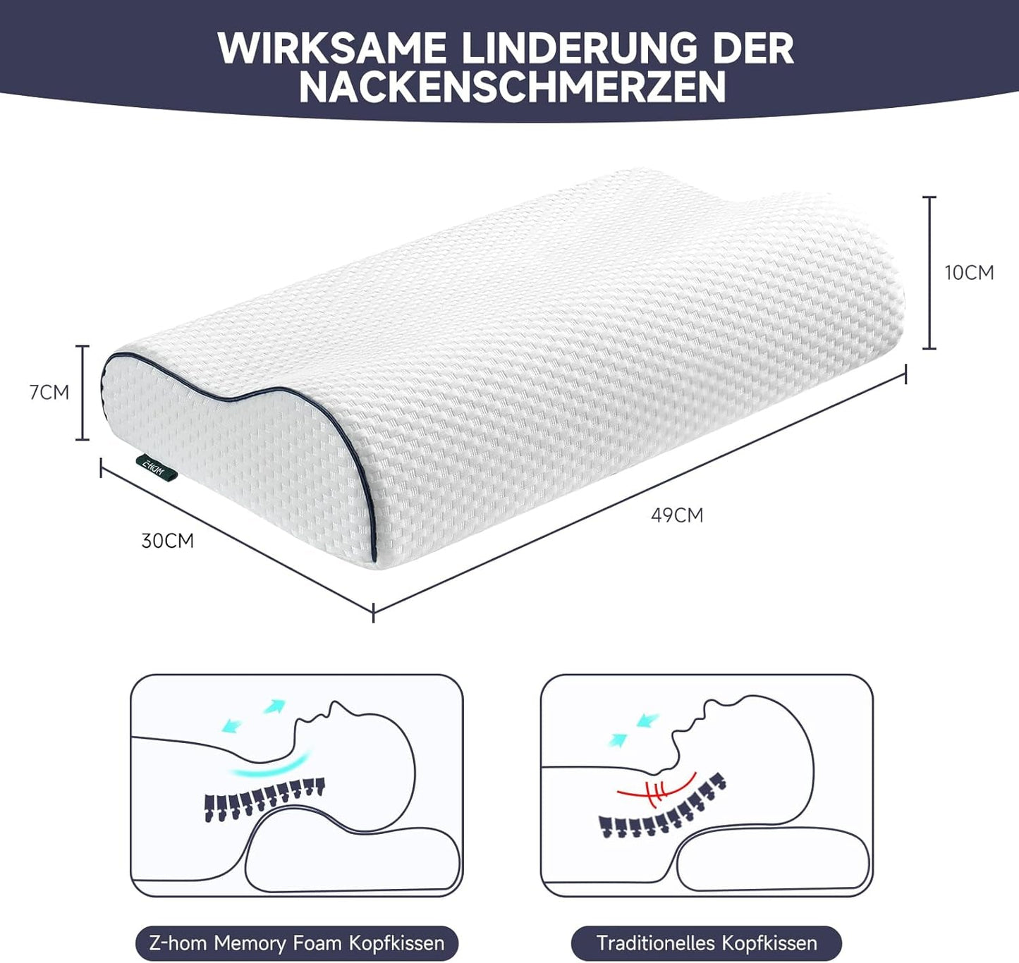 Z-Hom Nakkestøttepude, Memory Foam Pude, Side Sovepude, Ergonomisk Pude, Anti Snorke Pude, Ortopædisk Sovepude, Aftageligt betræk (49 X 30 X 7/10 Cm) Cervikale ortopædiske puder Naty Shop