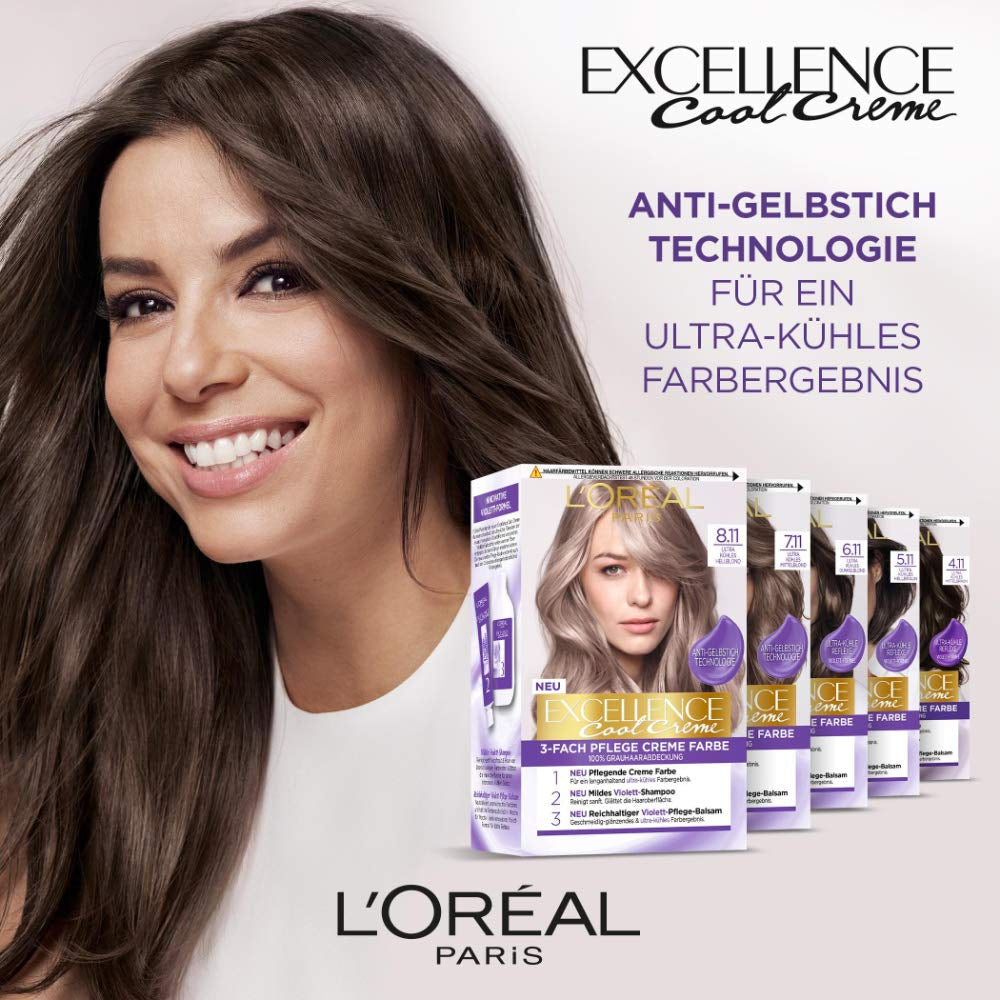 L'Oréal Paris Permanent hårfarve med ultra cool farveresultat, 100% dækning af gråt hår, sat med farve, shampoo og plejecreme, Excellence Cool Creme, nr. 7.11 Ultra cool medium blond (blond) Naty Shop hårfarve