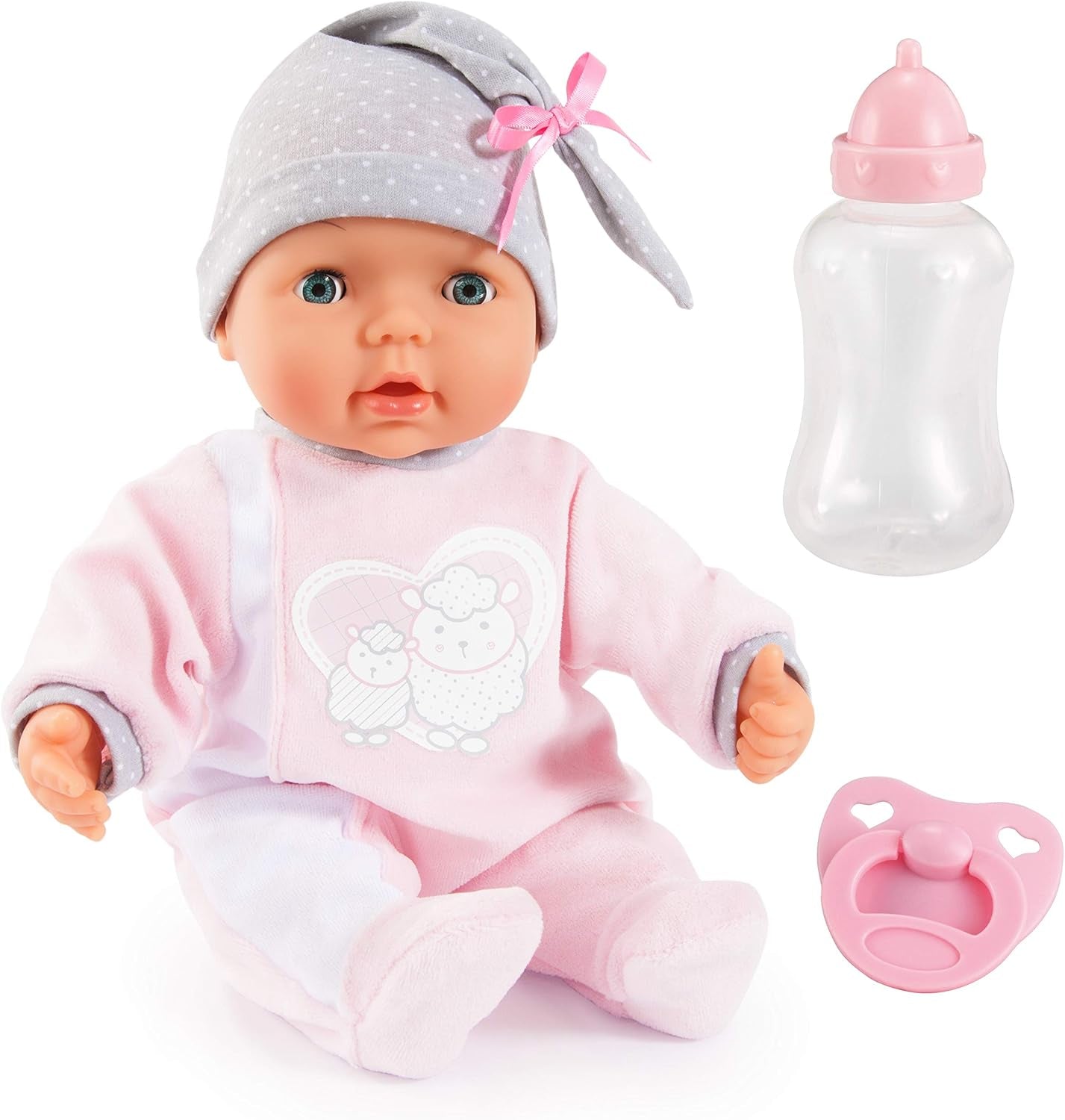 Bayer Design 93829AA My Piccolina interaktiv dukke med funktion, Talende dukke, Bevæger munden, 38 cm, Sut, Sutteflaske, Pink, Grå