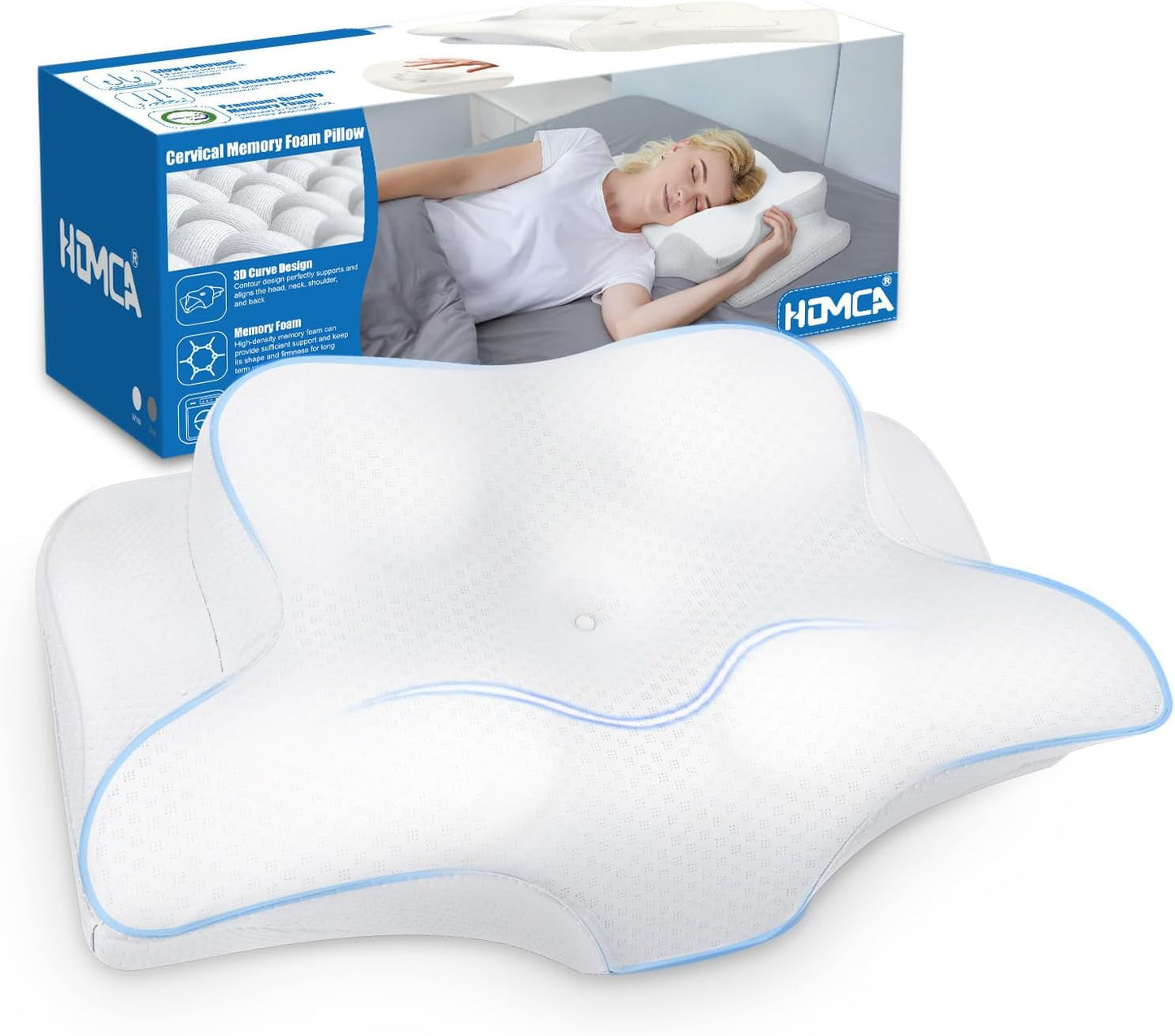 HOMCA Nakkepudepude, Memory Foam Ergonomisk pude 3D-kølepudebetræk til liggende, side- eller liggende stilling, 62 X 41 X 9,5/12,5 cm Cervikale ortopædiske puder Naty Shop White
