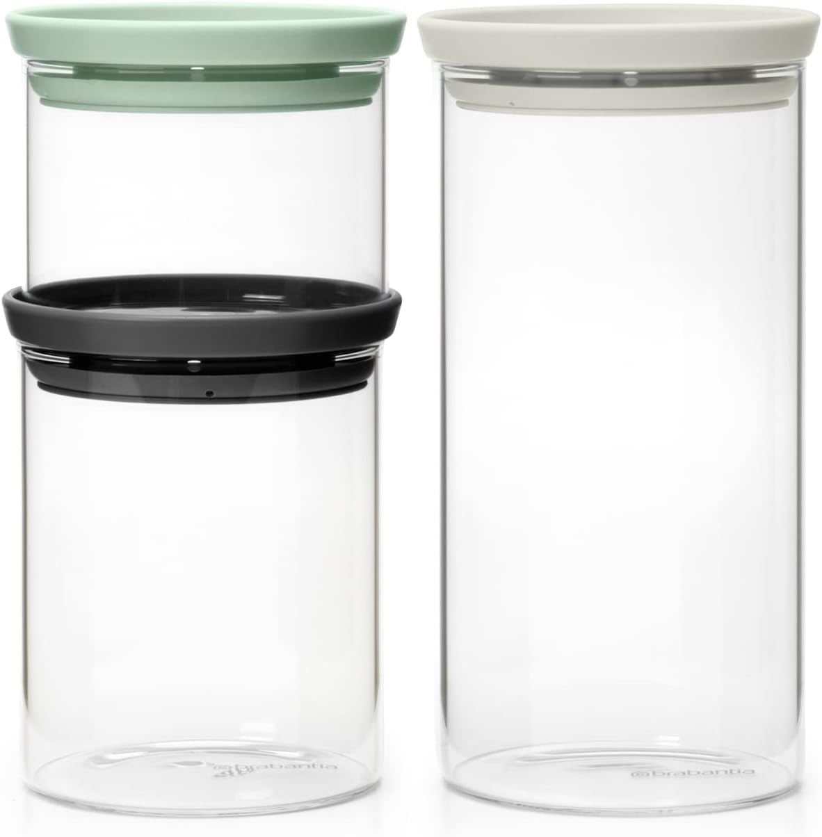 Brabantia - Stabelbar glasbeholder med låg - Sæt med 3 - Madopbevaring - Holder maden frisk i længere tid - Silikoneforsegling - Tåler opvaskemaskine - Mørkegrå/Lysegrå/Jadegrøn - 0,3L/0,6L/1,1L Madopbevaringsbokse Naty Shop Standardtitel