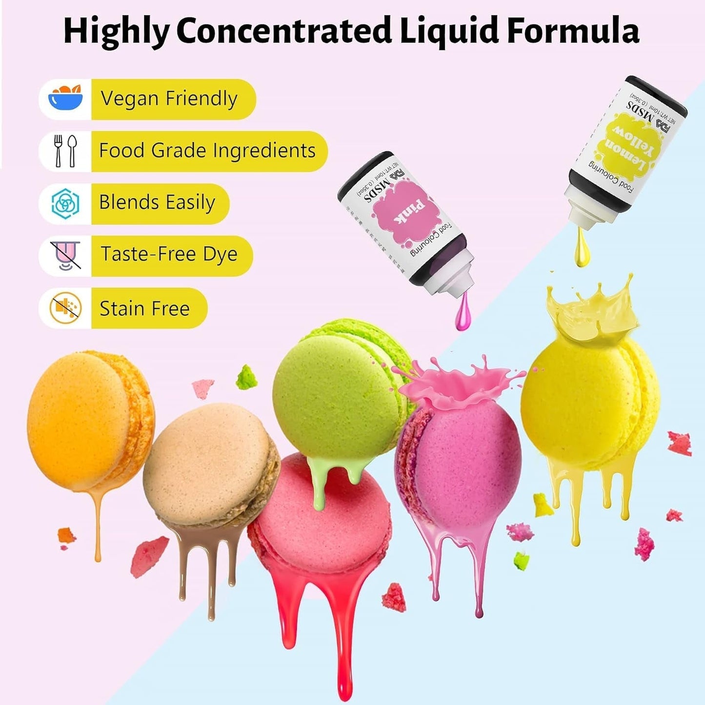 Madfarve 9 x 10 ml, flydende madfarve - madfarvesæt til dekoration af kager, macarons, donuts, fudge, glasur, DIY-sæber, is, sæbefarve, sprøjtepistolfarve