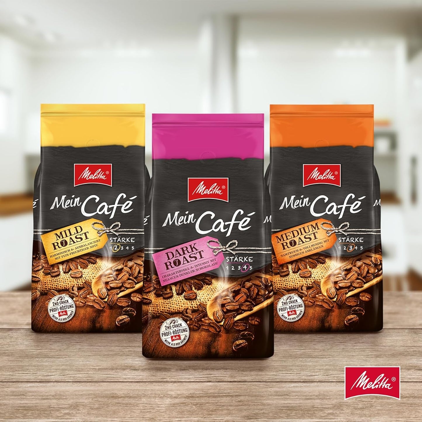 Melitta Mein Café Mild Roast, Hel Kaffee-Bohnen 1kg, ungemahlen, Kaffeebohnen für Kaffee-Vollautomat, milde Röstung, Stärke 3