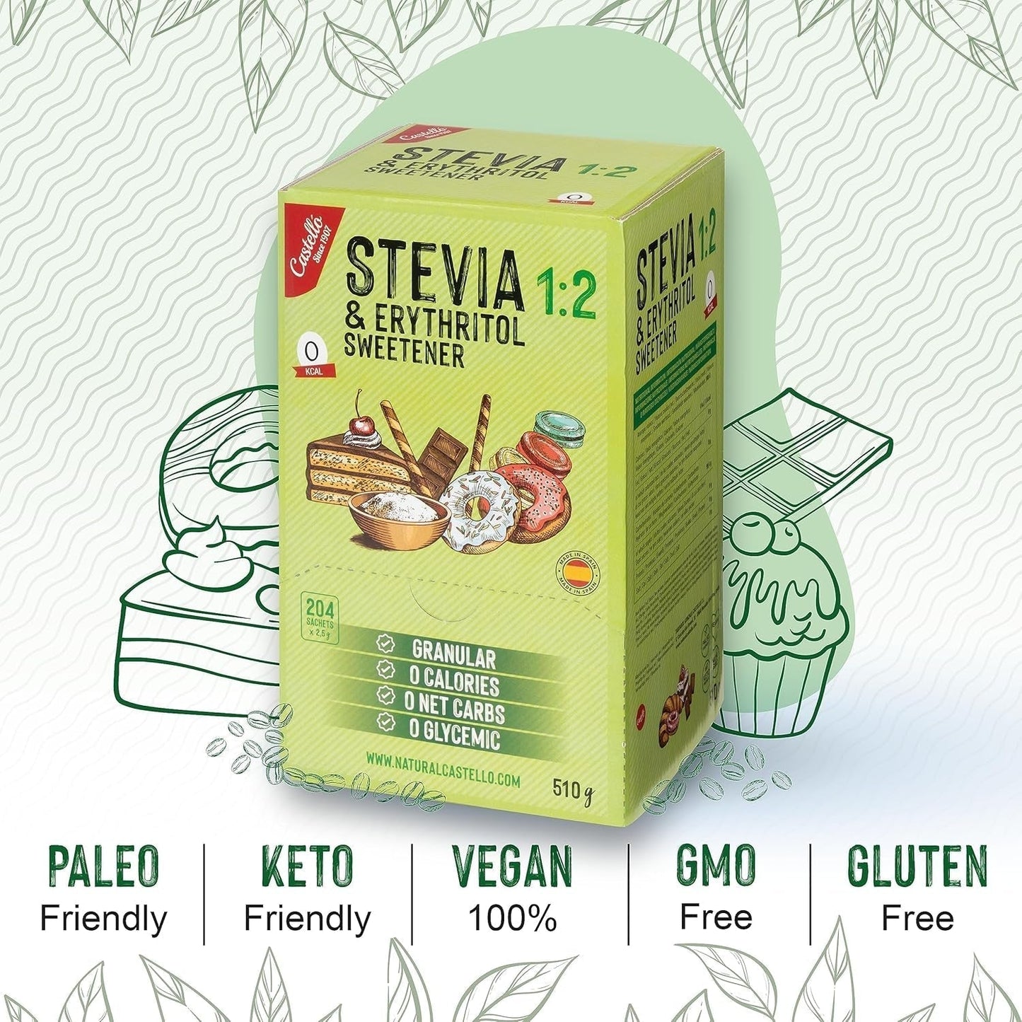 Stevia + Erythritol 1:2 Süßstoff | 204 Mytetaske 2,5 G | 100% Natürlicher Zuckerersatz - 0 Kalorien - 0 Glykämischer Index - Keto Und Paleo - 0 Kohlenhydrat - Kein GVO - Castello siden 1907-510 G Sweeteners Naty Shop