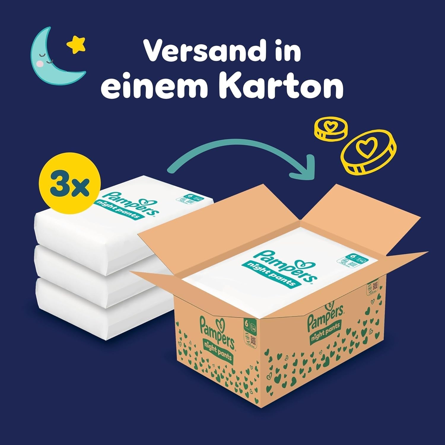 Pampers Night Pants størrelse 6 bleer, 138 stykker, 13kg-19kg, giver ekstra beskyttelse hele natten.
