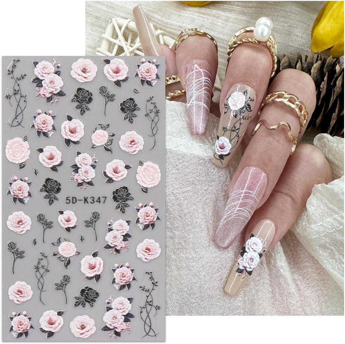 JMEOWIO 3D Nagelsticker Blumen Nail Art Sticker Selbstklebend Nagelaufkleber 5D Stereoskopisk Frühling Sommer Dekoration Nageldesign Zubehör 4 Blatt