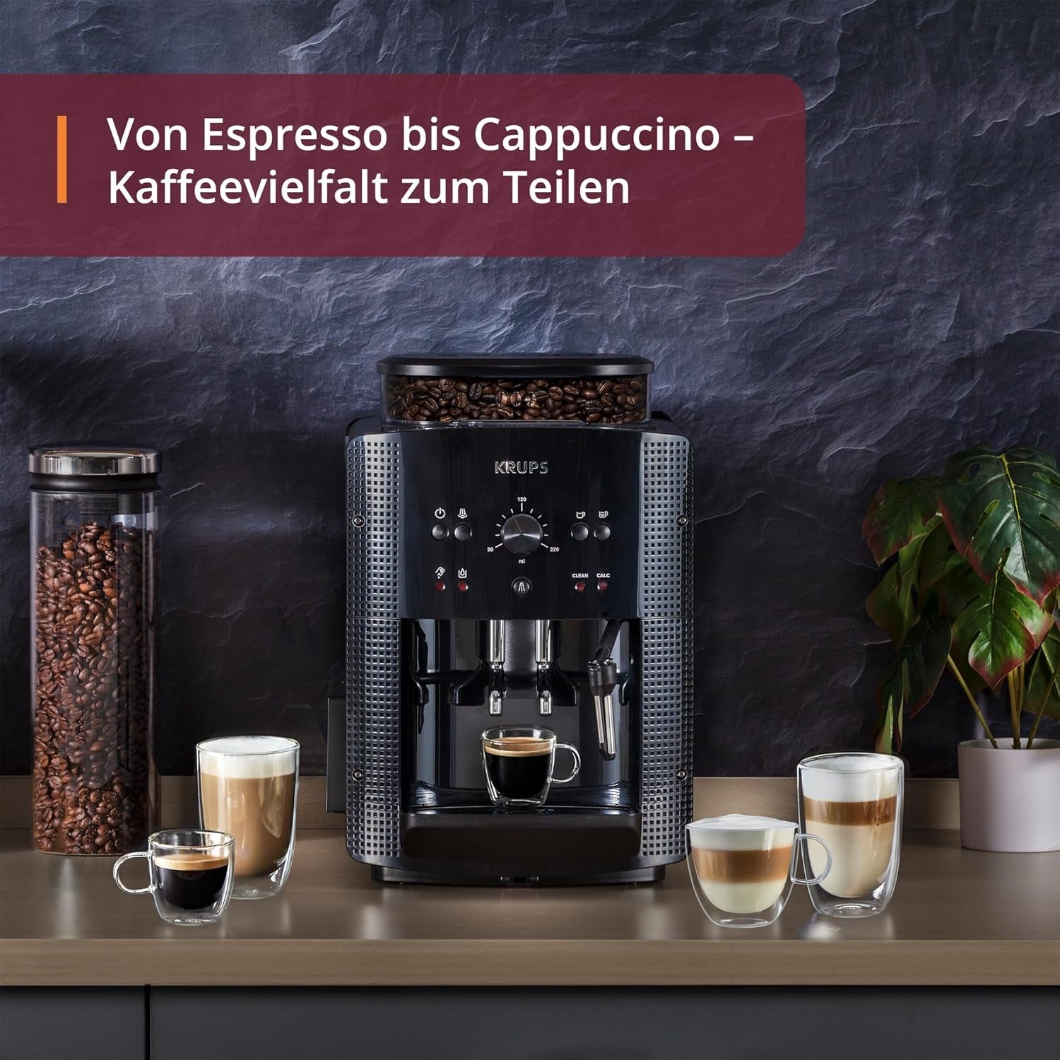 KRUPS Arabica Picto automatisk espressomaskine, kompakt design, nem at bruge, intuitiv justerbar drejekontrol, mælkeskummer, 2-kops funktion, espressomaskine, sort, EA810870
