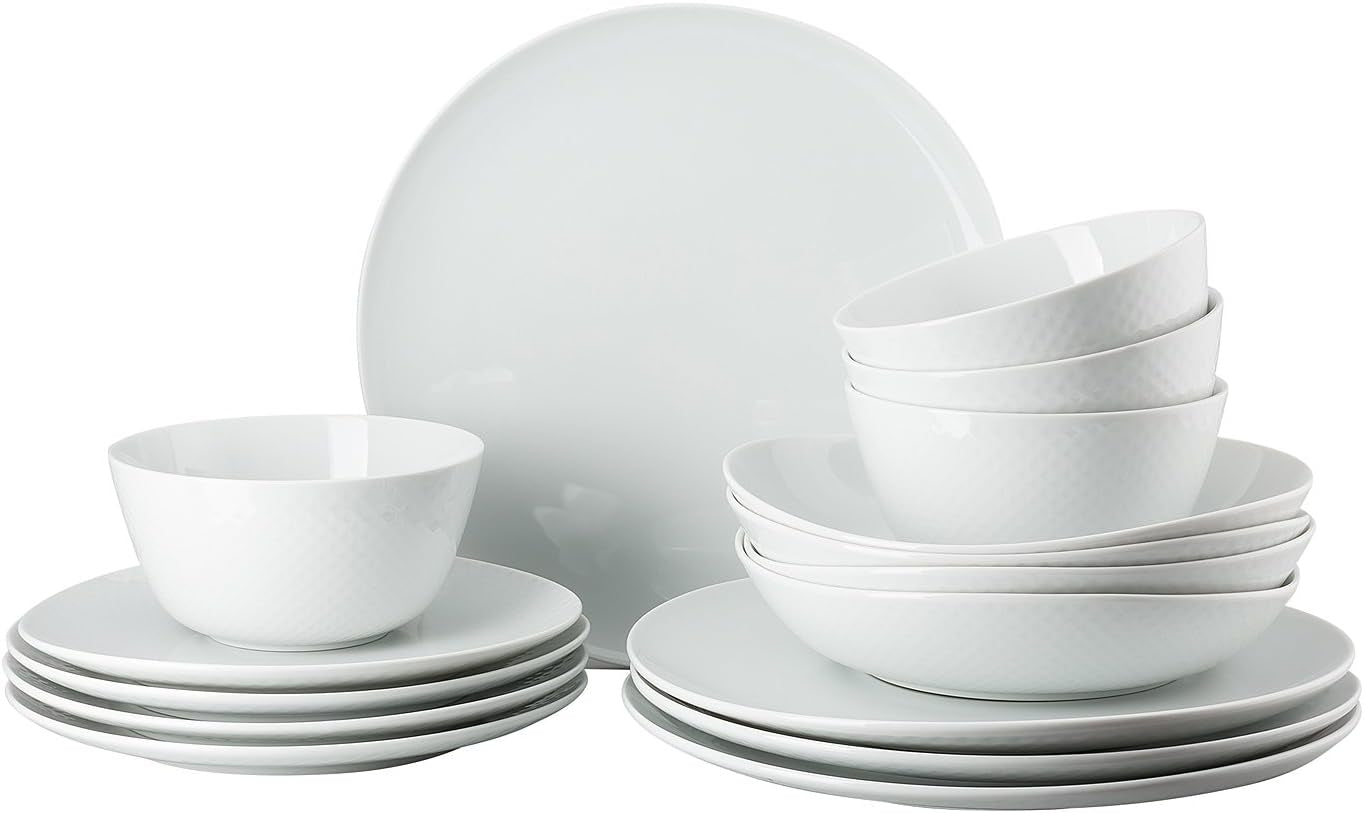 Rosenthal Junto White servicesæt, porcelæn, hvid, flade tallerkener, middagstallerkener Ø 22 cm, middagstallerkener Ø 21,5 cm og kornskåle Ø 14 cm, 0,62 l, tåler opvaskemaskine og mikroovn, sæt til 4 stk.
