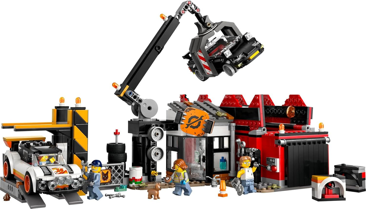 LEGO City skrotplads med biler - legetøj med skrotpresse og kran, 2 legetøjsbiler, 4 fungerende minifigurer og kontorbygning - fødselsdagsgaver til drenge og piger fra 8 år 60472 Besuche den LEGO-Store byggesæt