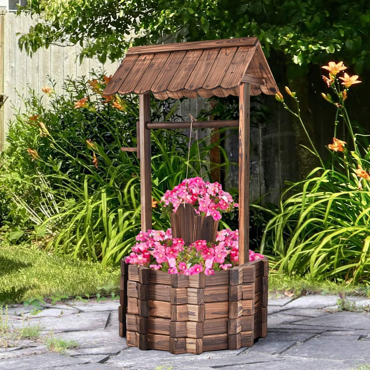 Træfontæne 56x56x114cm med tag, Ønskebrønd, Havedekoration, Urtepotter, Dekorativ springvand, Urtepotter, Brun