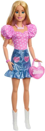 Moderigtig Barbie-dukke 71 cm blond med aftageligt tøj Pink top denimnederdel Cowboystøvler Halskæde og håndtaske HYT84
