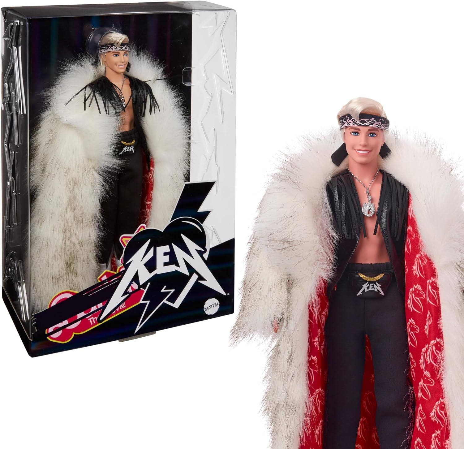 Barbie the Movie Collectible Ken Dukke iført kunstpelsoverfrakke og sort frynsevest med bandana, HRF31 Naty Shop Dolls Toy_Figure
