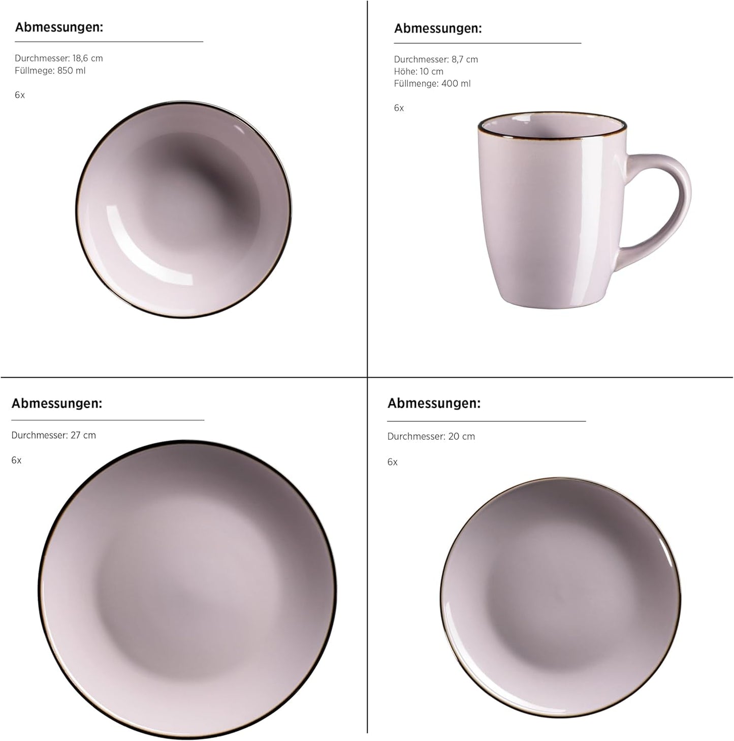 Moderne 6-personers porcelænssæt med messingkant, 24-delt kopformet kombinationsservice uden kant, lavendel
