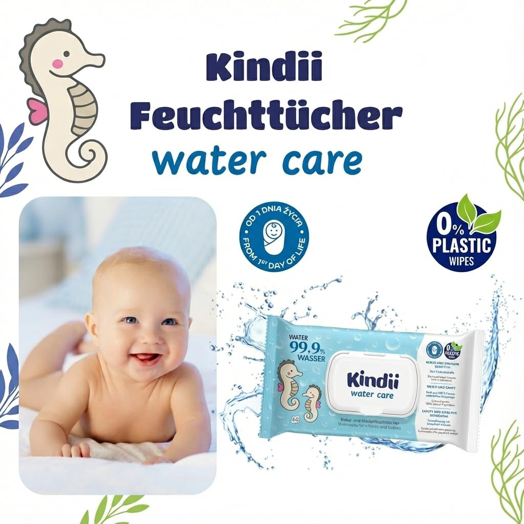 Kindii Water Care Wet Wipes - Aqua Baby Wipes - 100% viskose, 99,9% vand, grapefrugtekstrakt, tørklæde størrelse 150x200, 100% biologisk nedbrydeligt, plastikfri, renseservietter til følsom hud