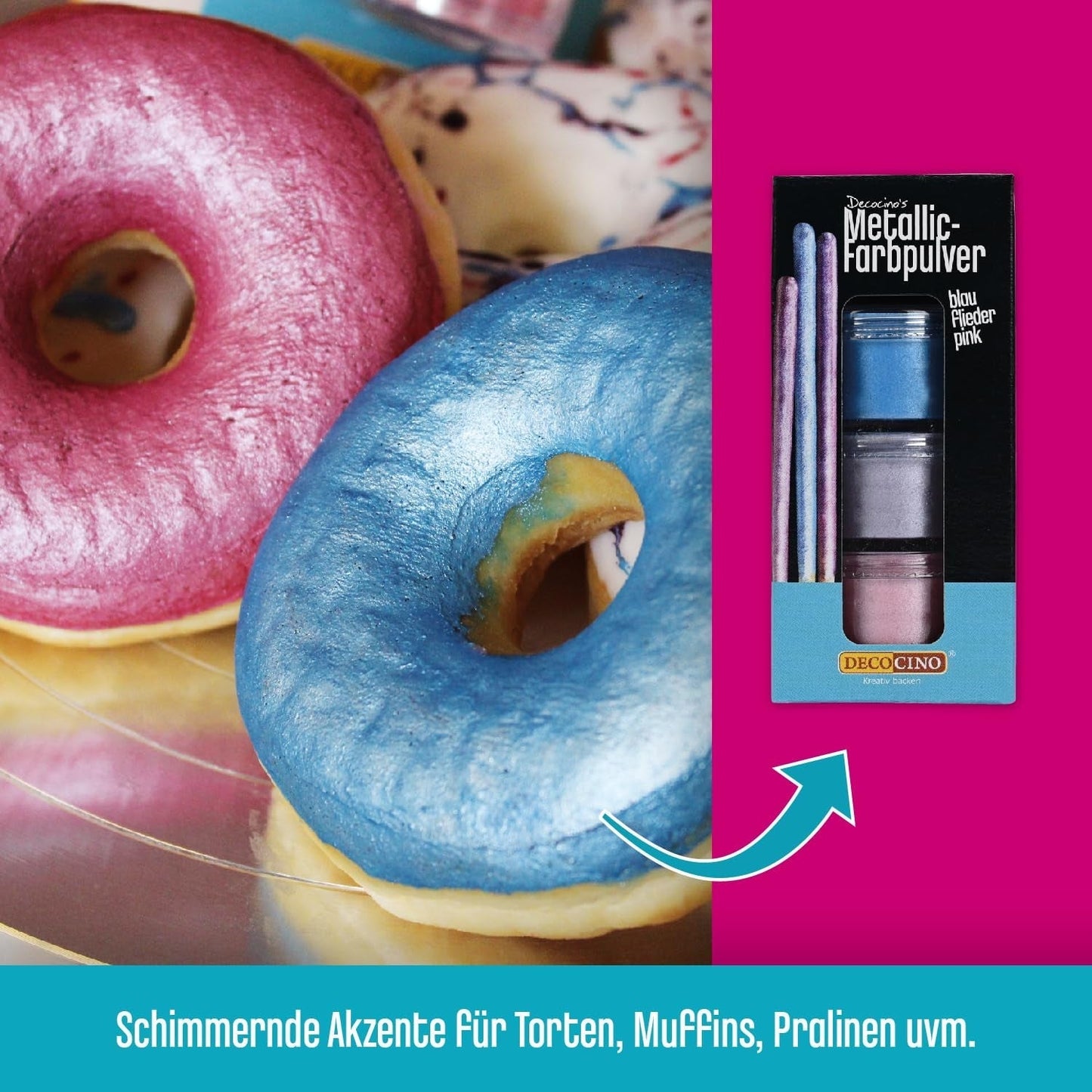 DECOCINO Metallisk Pastelfarvepulver (3X2G) – Blå, lilla og lyserød – Fødevarefarvepulver – Glitterpulver Velegnet til fondant som kagepynt og kagepynt!