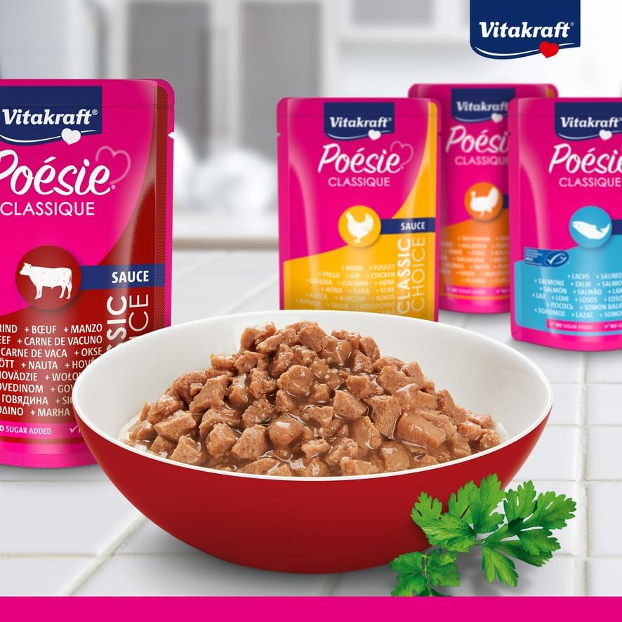 Vitakraft Poésie Classique, våd kattefoder, kattefoder i sauce, med kylling, med kalkun, med oksekød, med laks, uden tilsat sukker og korn (1 pakke á 12 x 85 g)