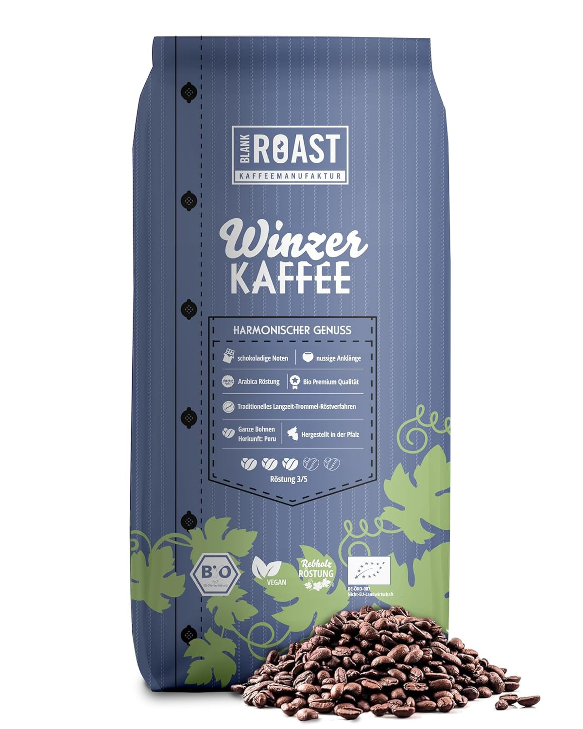 Blank Roast - BIO Winzer Kaffee 1000g - schonend mit Pfälzer Rebholz geröstet - ganze Kaffee-Bohnen aus Peru - 100% Arabica Röstung - schokoladig & nusig - säurearm