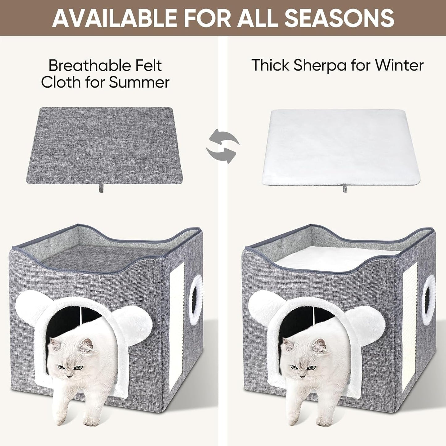 Katzenbetten für Indoor Katzen, Faltbares Katzenhaus, Katzenhöhle 2 Schicht Würfel Großer Raum Katzenbett med Kratzbrett und Spielball, 15,8 x 15,8 x 15 tommer