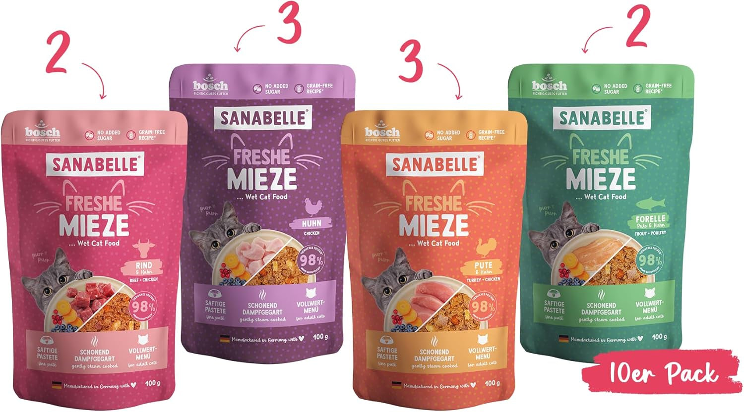 Sanabelle Freshe Mieze - Mixtray | 10 x 100g Mixpack | 4 lækre varianter af kattefoder at prøve | Dampet våd kattefoder, ligesom friskkogt
