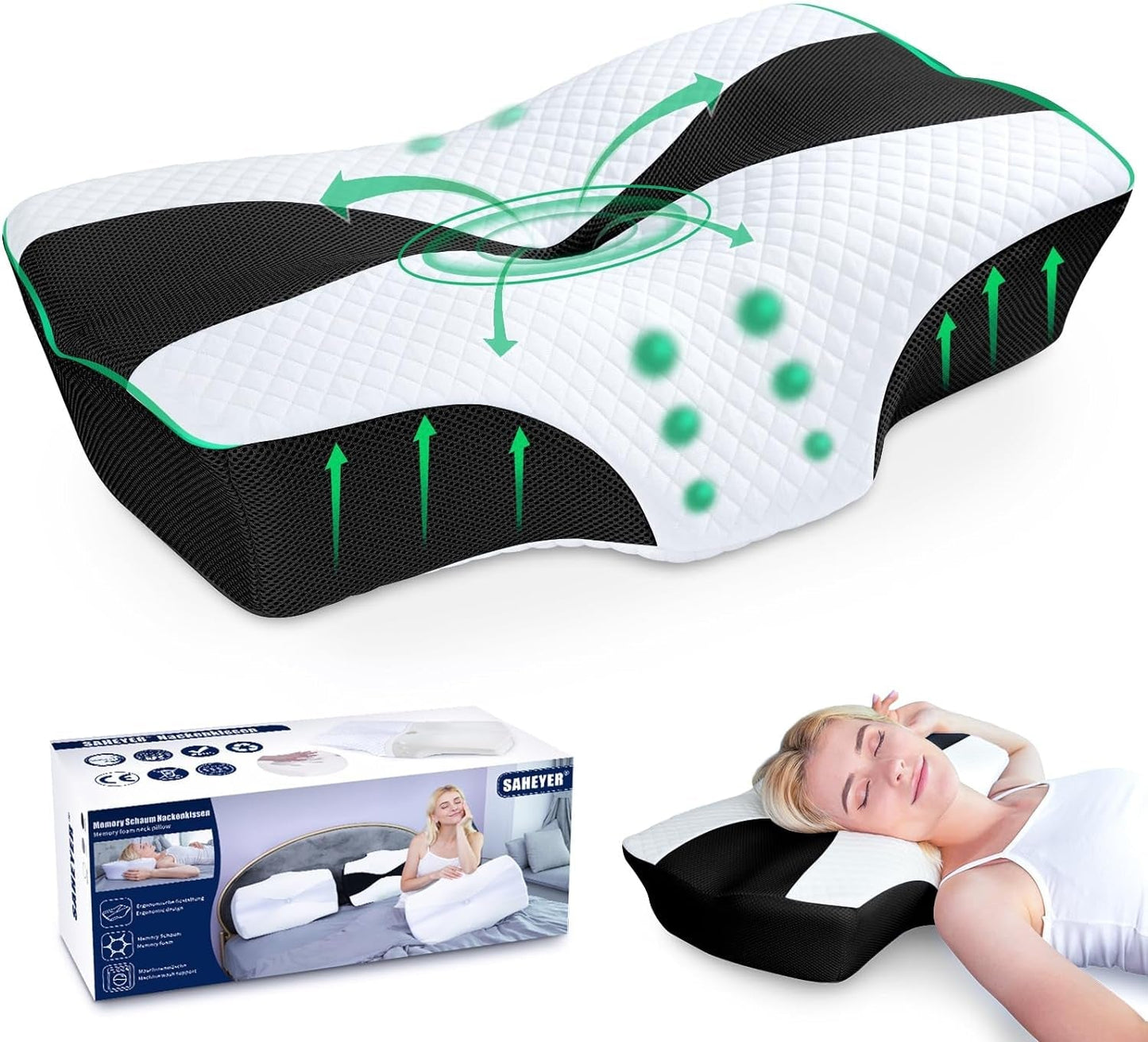 SAHEYER ortopædisk pude nakkestøtte pude hovedpude ergonomisk nakkepude sidesovepude 60 X 40 X 13/11 cm memory foam pude til sidesove ryg og mave Cervikale ortopædiske puder Naty Shop Black