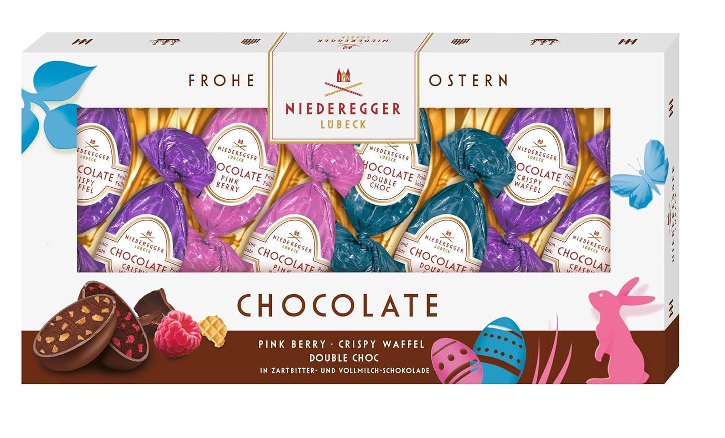Niederegger | Chokoladeæg | 1 x 100g | Chokoladeæg med smag af lyserøde bær, sprød oblat og dobbeltchokolade | Dækket med mørk og mælkechokolade | påskegave | Chokoladeæg
