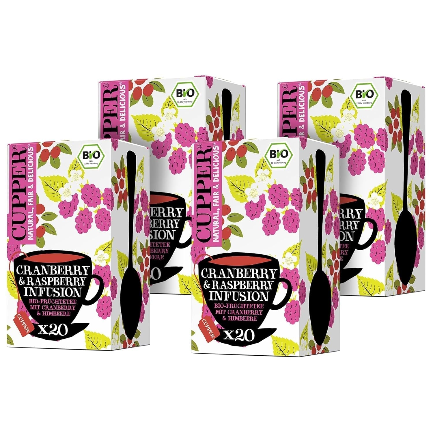 4Er Pack CUPPER Økologisk frugtte "Tranebær- og hindbærinfusion", 4X20 ikke-hvide teposer, økologisk, fairtrade
