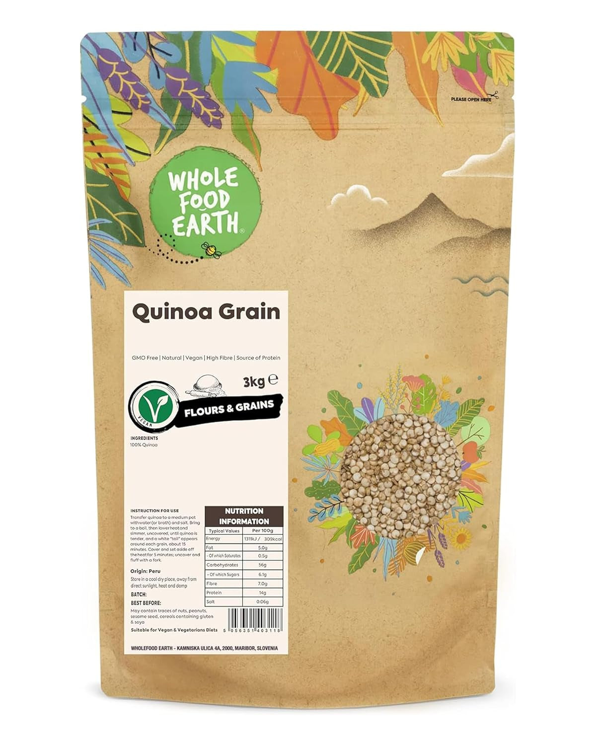 Wholefood Earth quinoa korn - ikke-GMO - naturlig - vegansk - mælkefri - uden tilsat sukker - 3 kg
